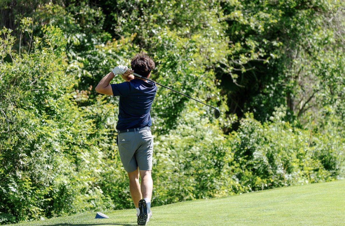 Brandon's driver follow-through from behind, facing the tree line