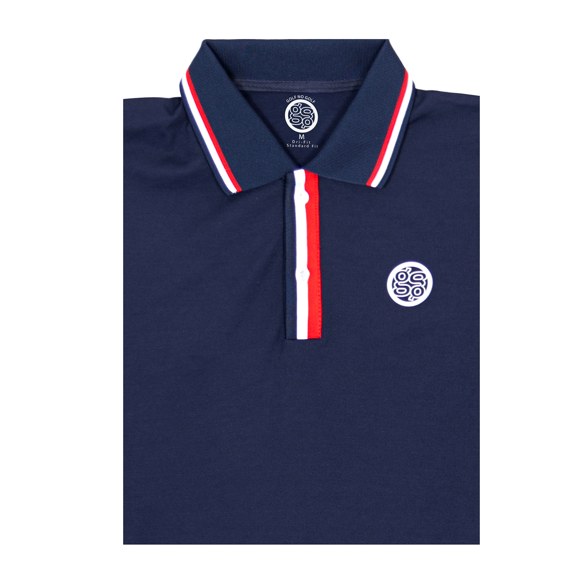 GolfNoGolf navy polo with red and white trim