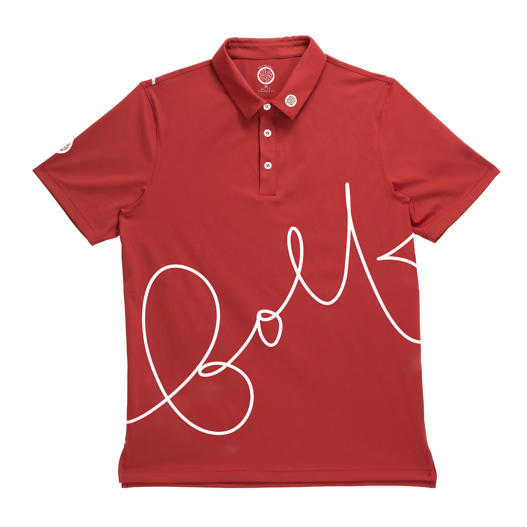GolfNoGolf red polo with script graphic