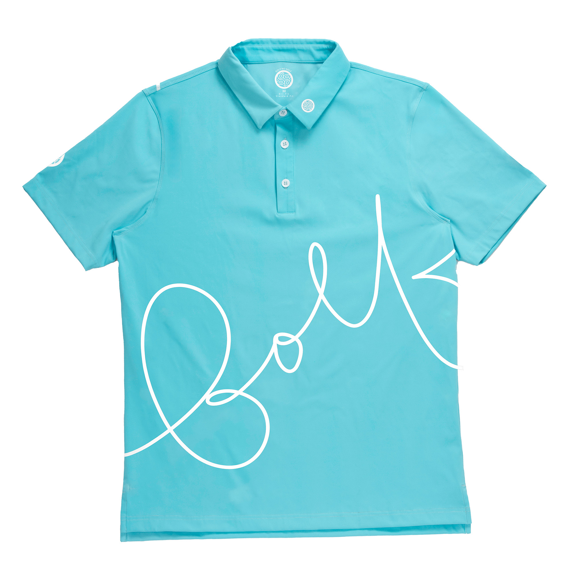 GolfNoGolf teal polo with script graphic