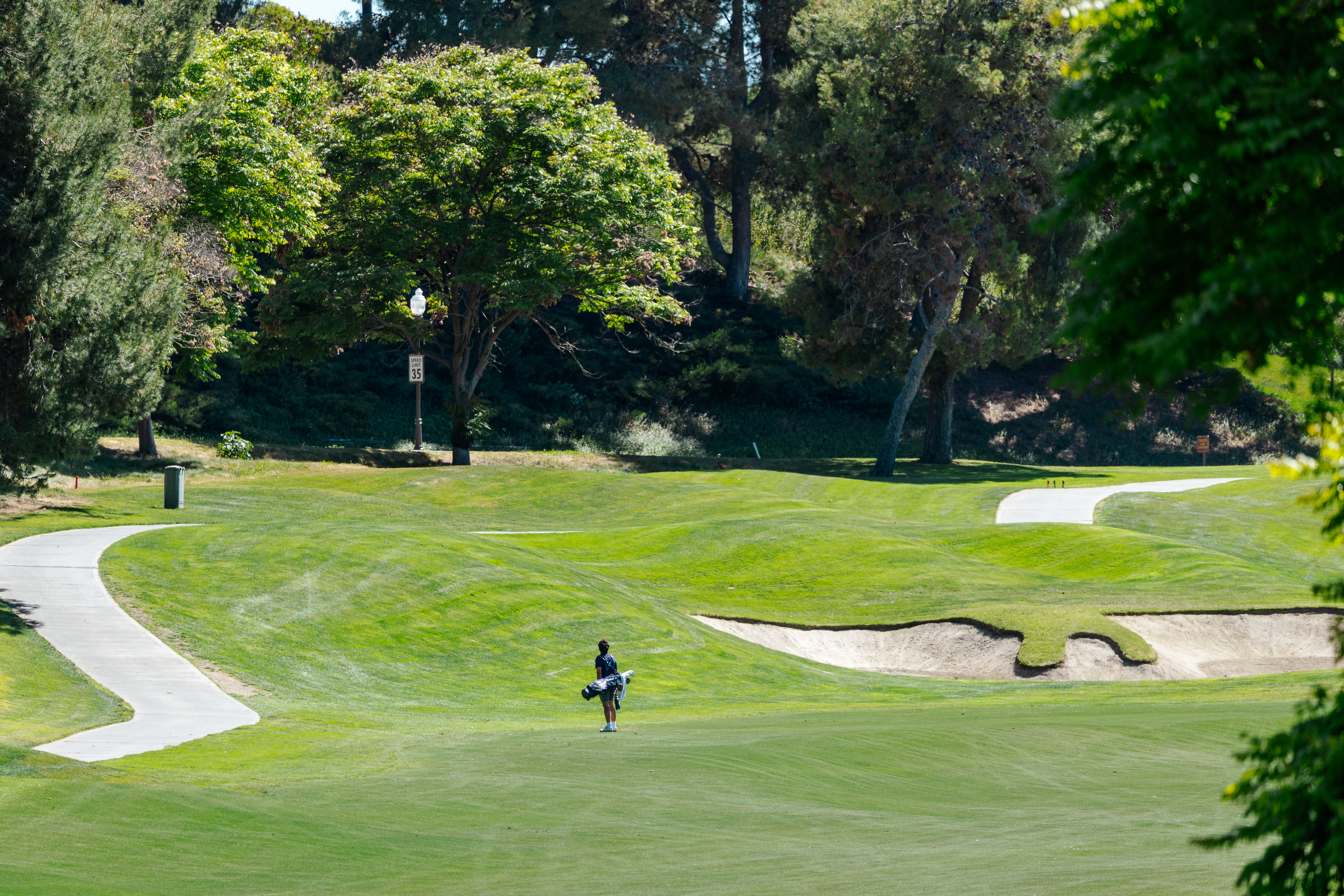 Brandon Yang walking a fairway alone, carrying his golf bag